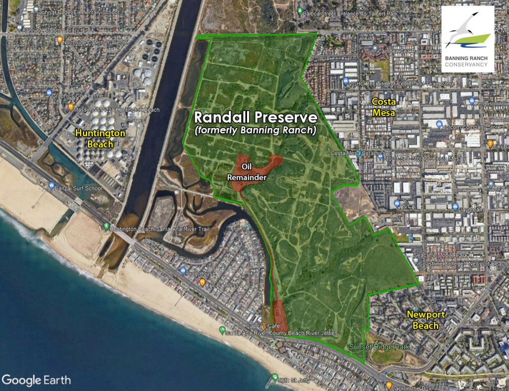 Satellite image map of the Randall Preserve, formerly Banning Ranch, along the Santa Ana River.